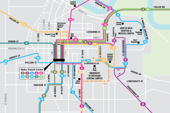 TheRide downtown Ann Arbor system map