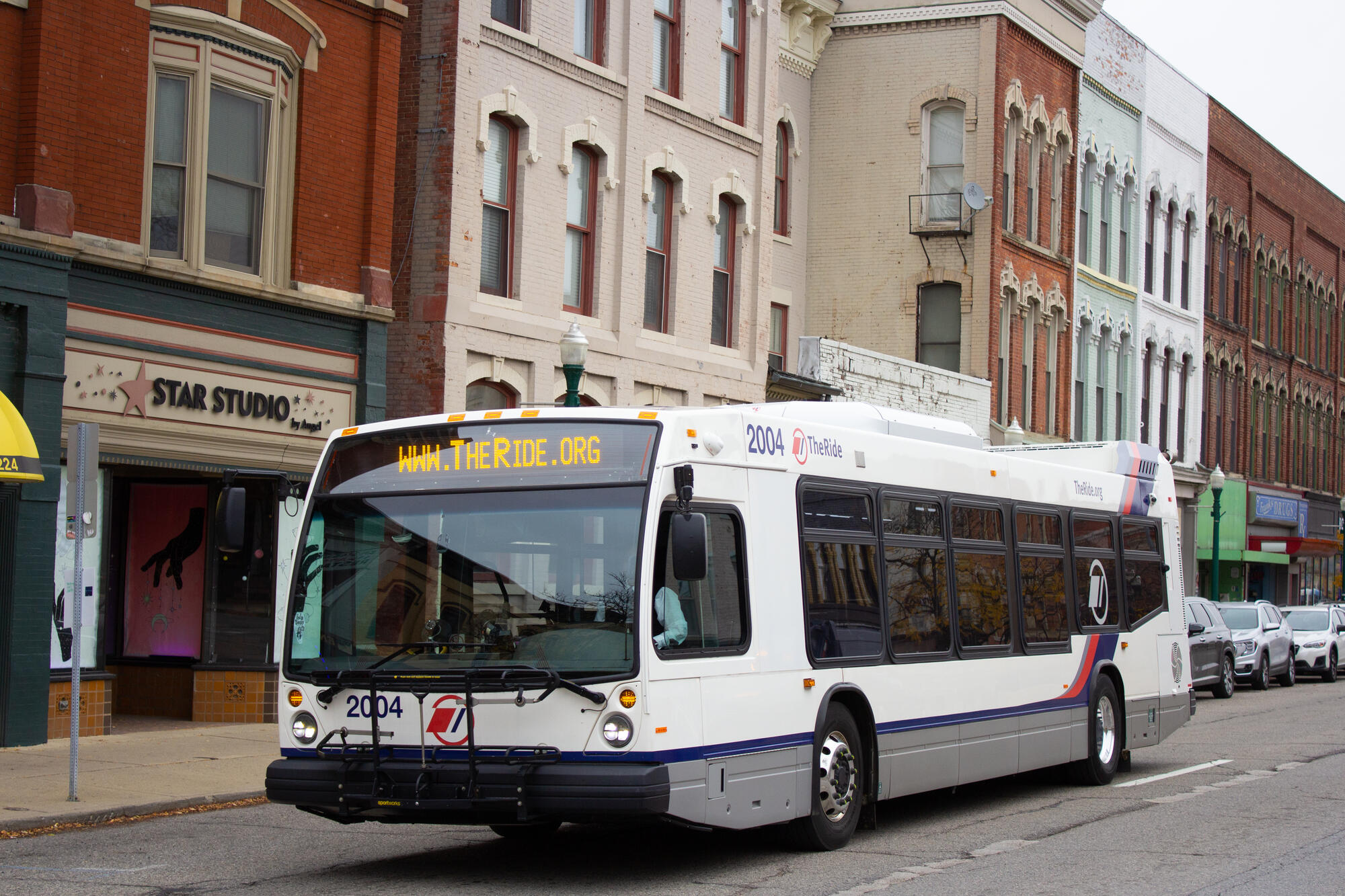 Bus driving on Michigan Ave in Ypsilanti