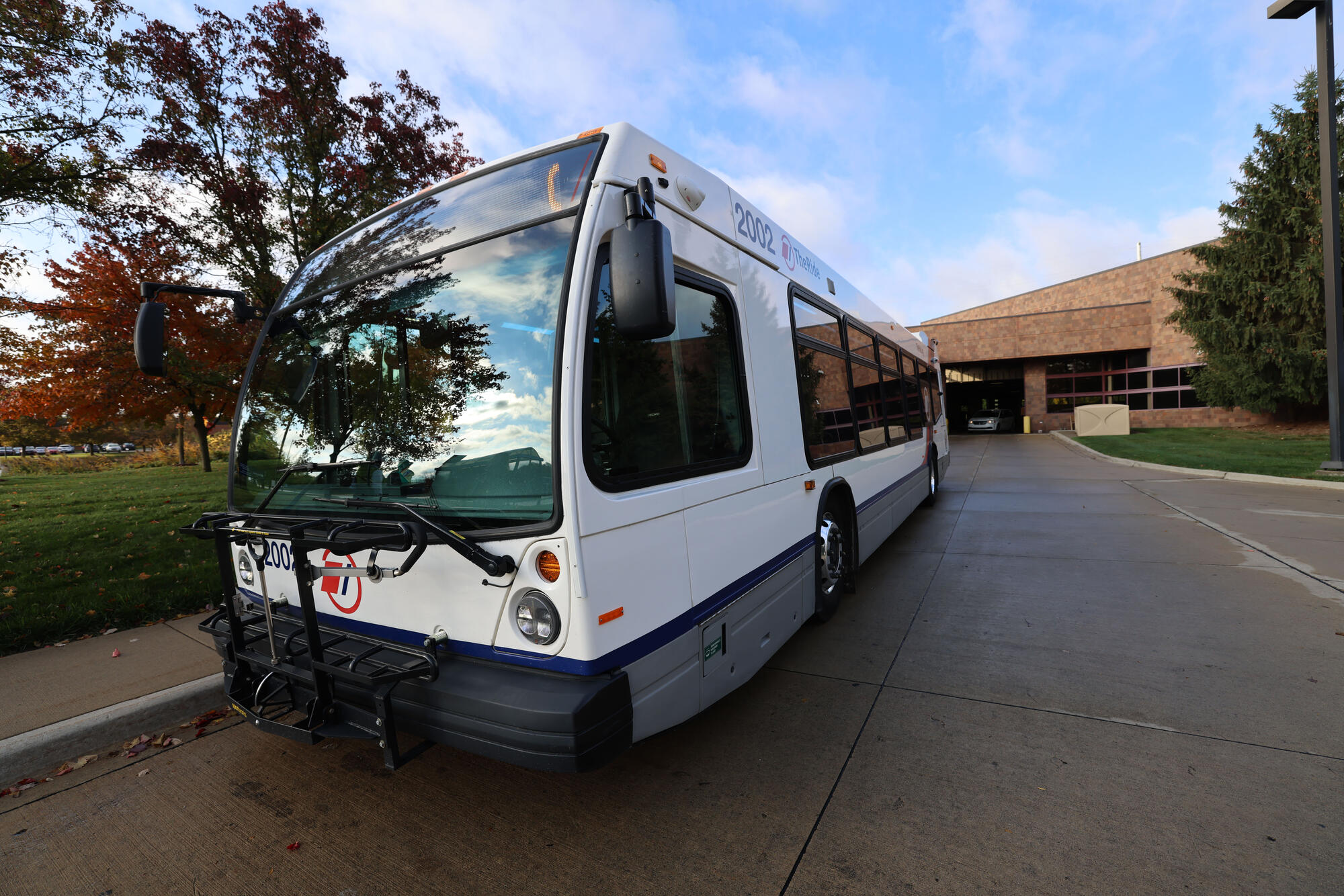 Bus parked in parking lot.