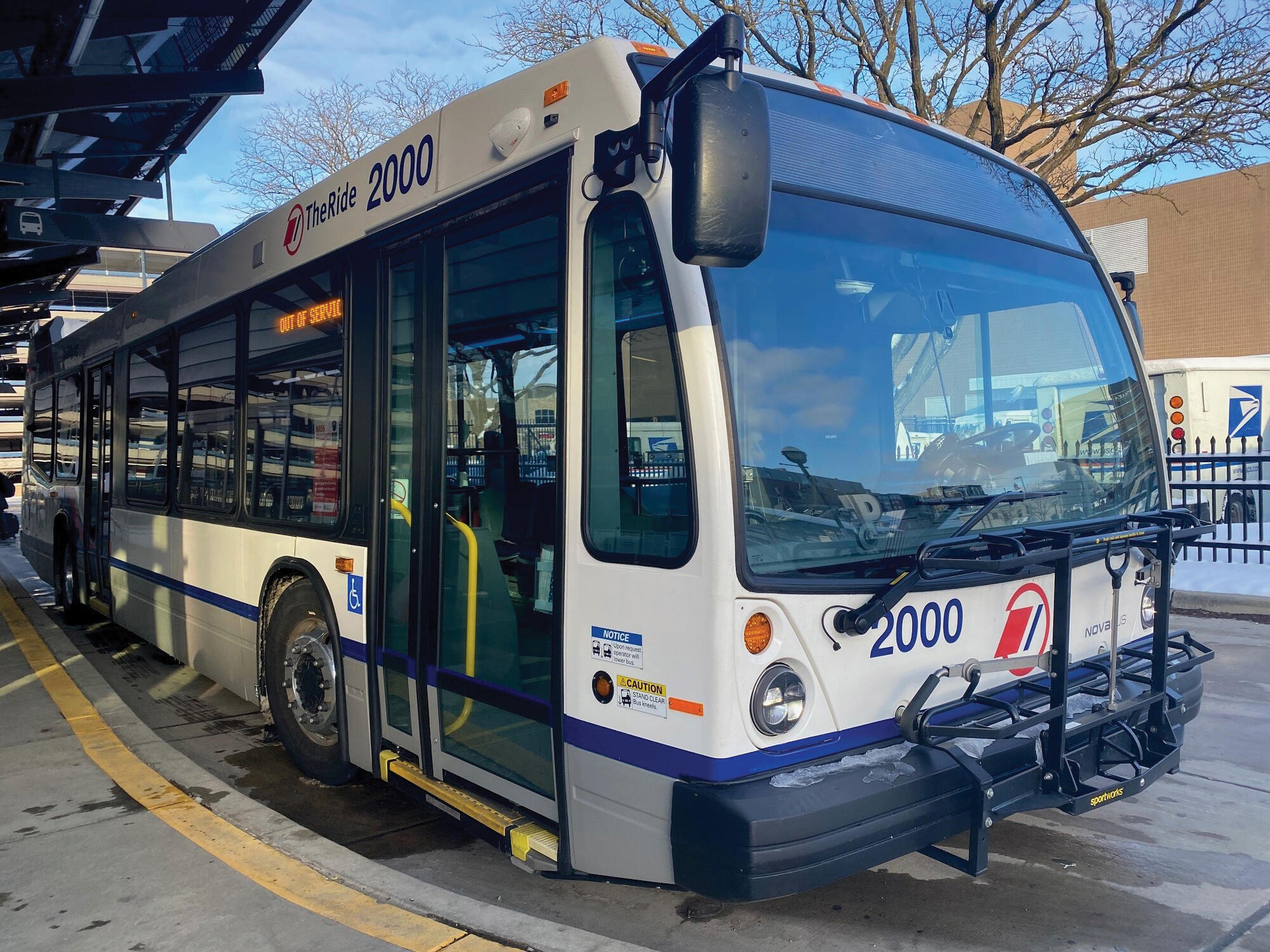 Bus parked at the Blake Transit Center