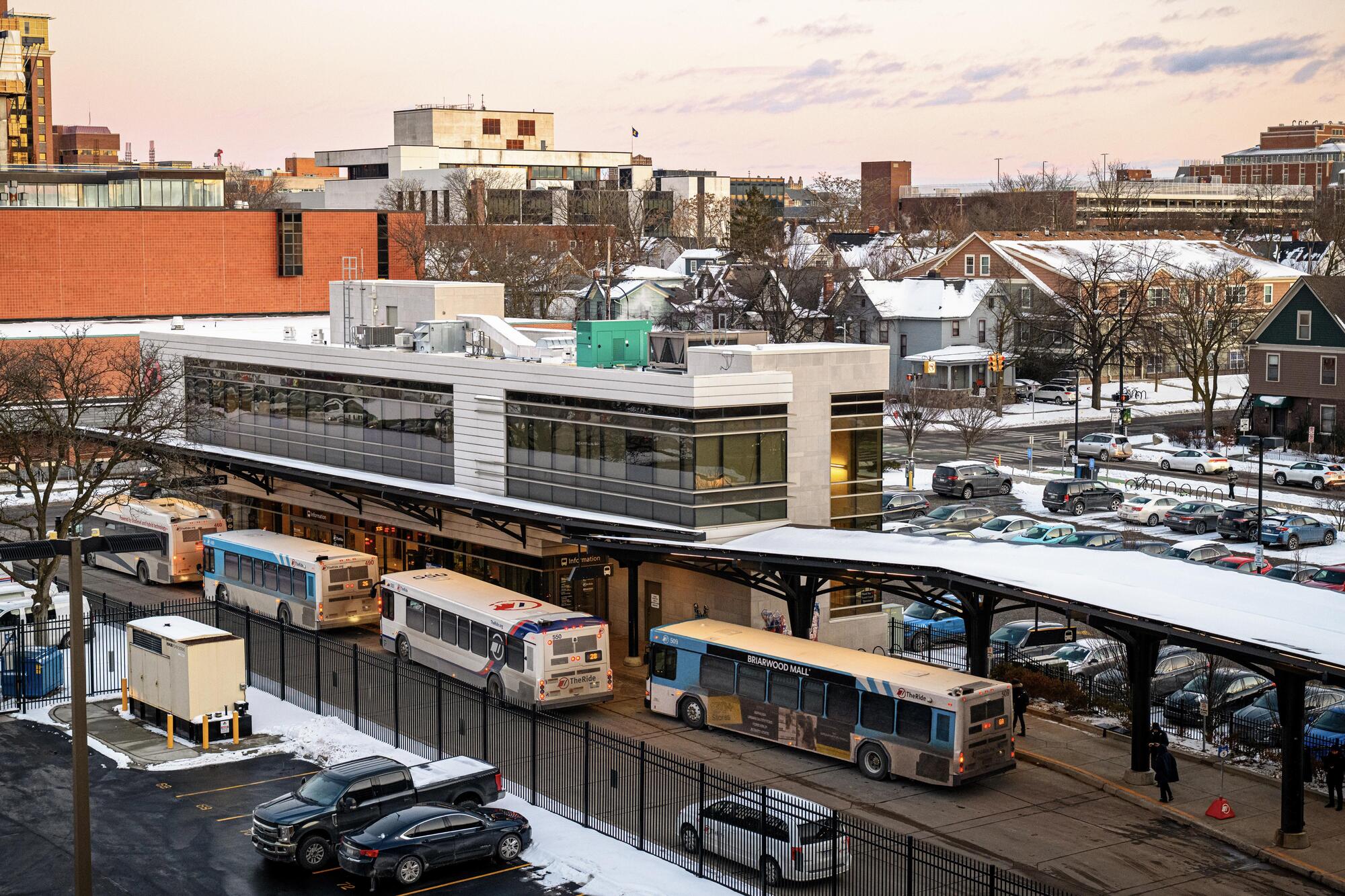 Arial photo of the Blake Transit Center in the evening