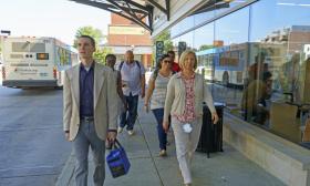 Bus commuters at the Blake Transit Center in Ann Arbor