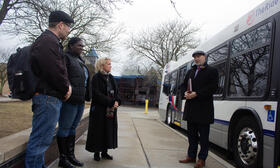 CEO Matt Carpenter speaks with Congresswoman Dingell, Mayor Brown of Ypsilanti and TheRide Board Member Jesse Miller about the Ypsilanti Transit Center project.