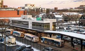 Arial photo of the Blake Transit Center in the evening